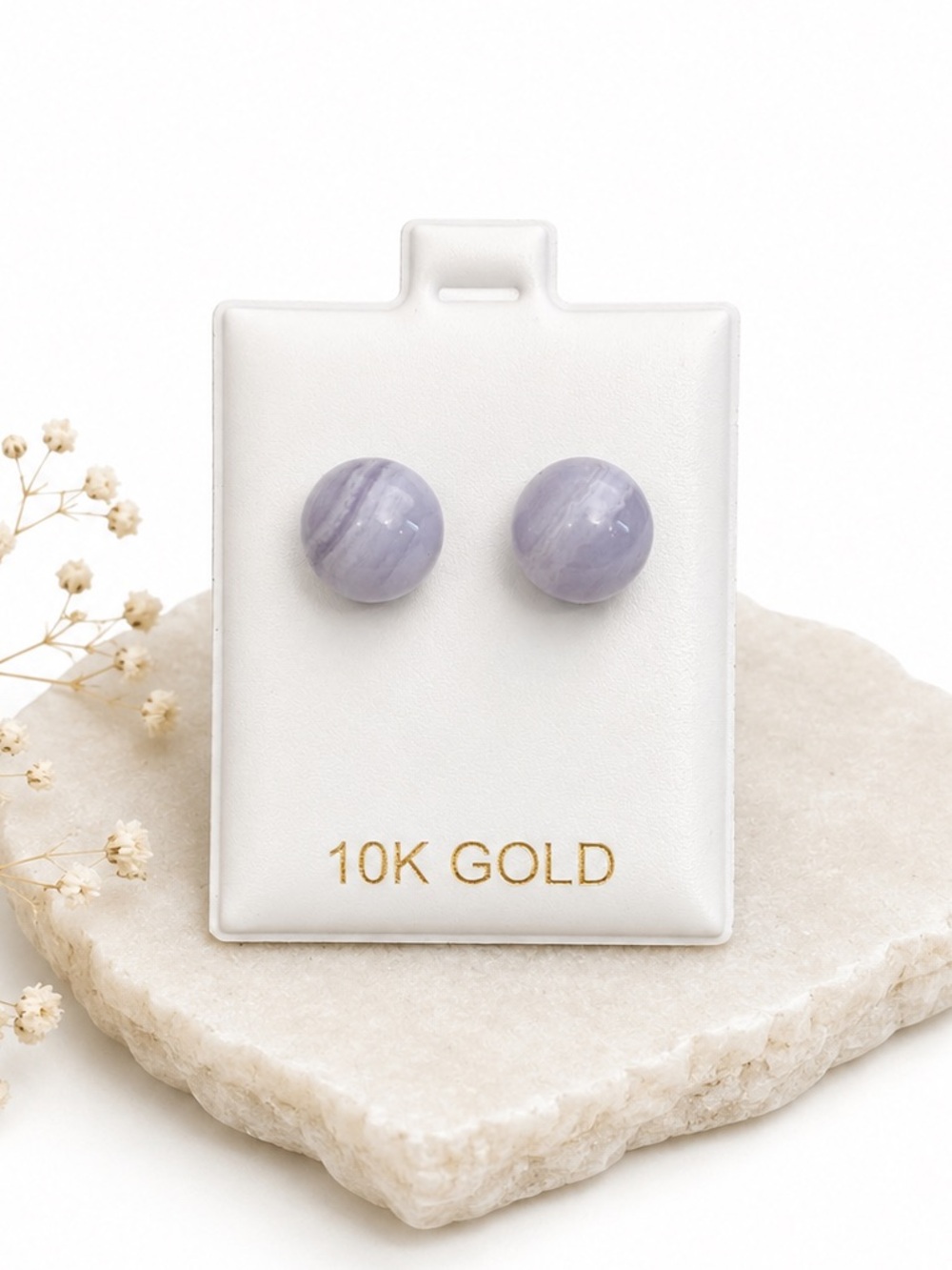10K Gold Natural Blue Lace Agate Stone Stud Earrings NWT